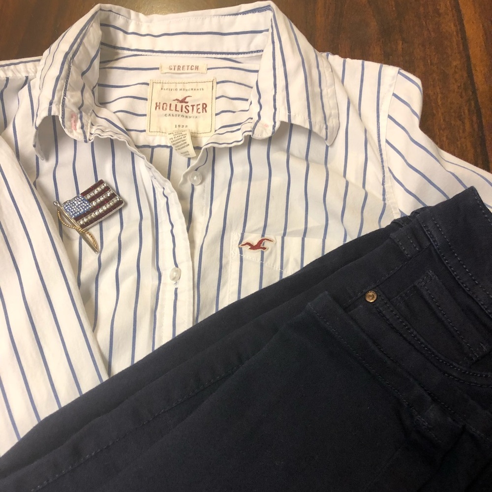 Hollister White Navy Striped Long Sleeved Shirt - Picture 7 of 7
